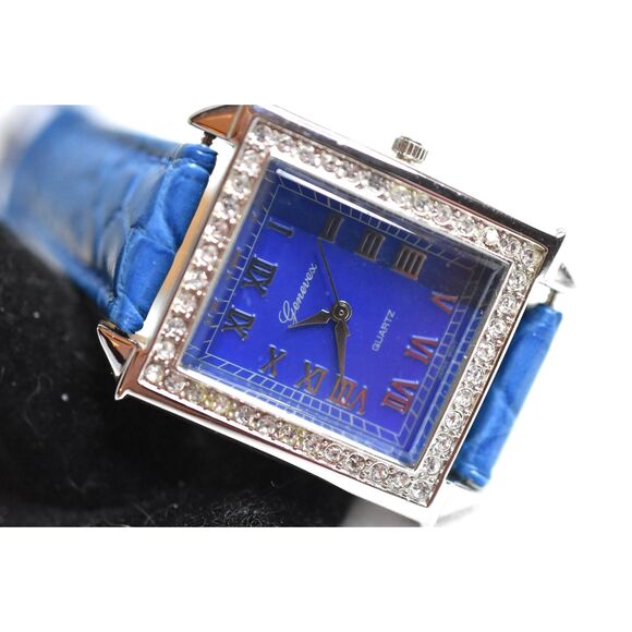 Genevex Blue On Blue Rhinestone Accent Leather Band Quartz New Battery Watch - Picture 1 of 5